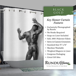 Black Gold Shower Curtain with Snap-on Liner. NO Hooks Required.
