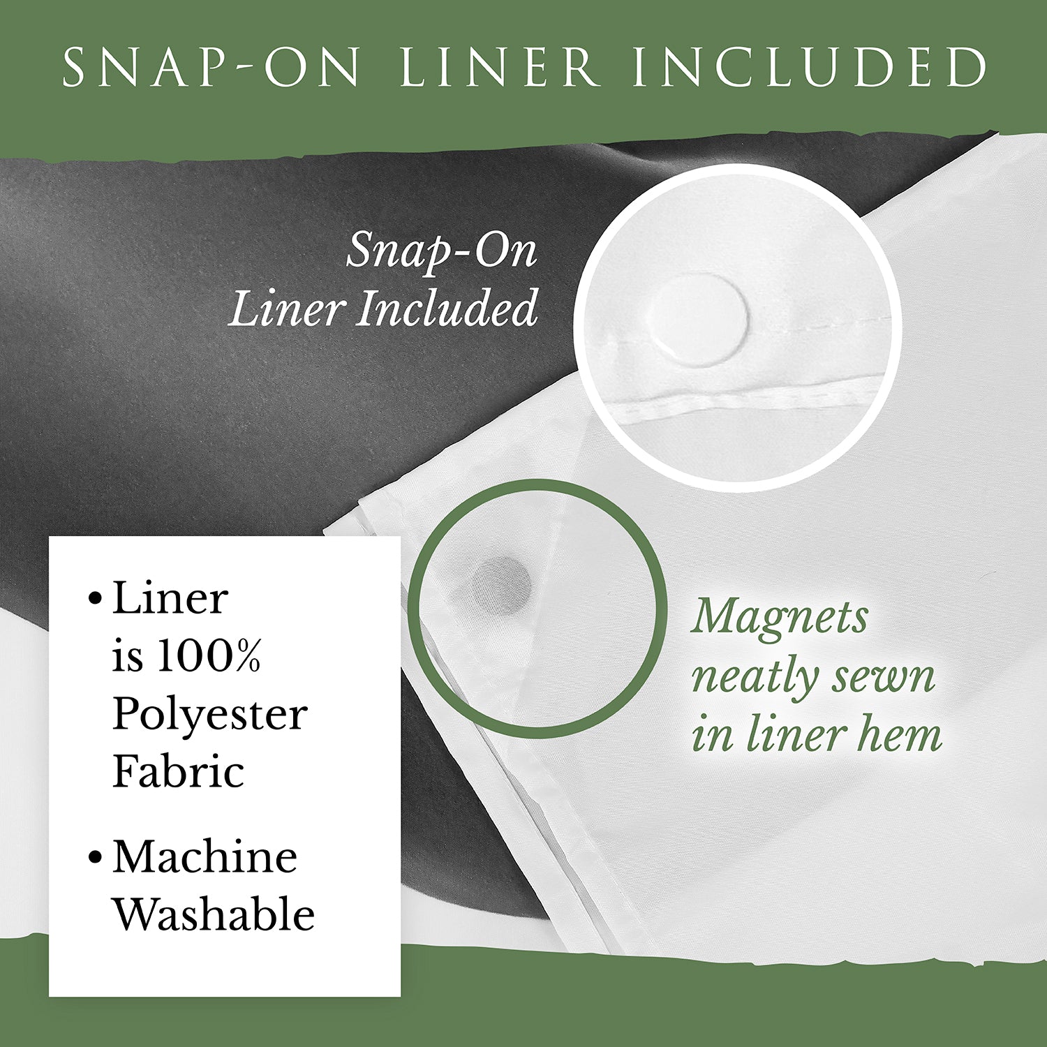 Flawless Shower Curtain with Snap-on Liner. NO Hooks Required.