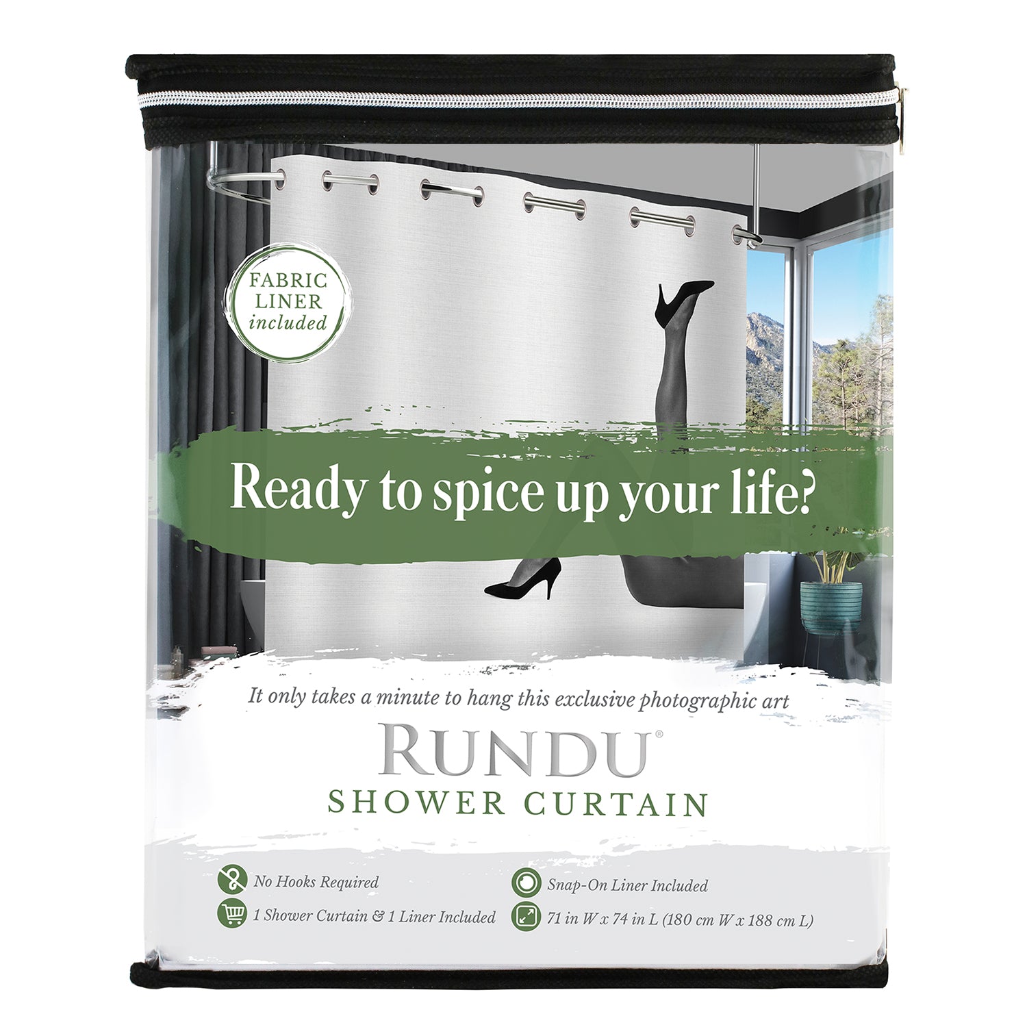 Flawless Shower Curtain with Snap-on Liner. NO Hooks Required.